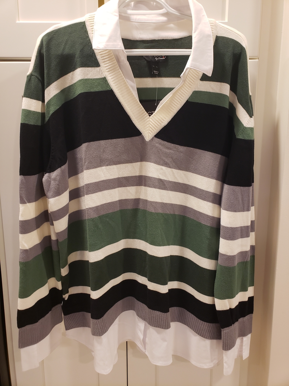 Men's Green & Gray Striped V-Neck Sweater